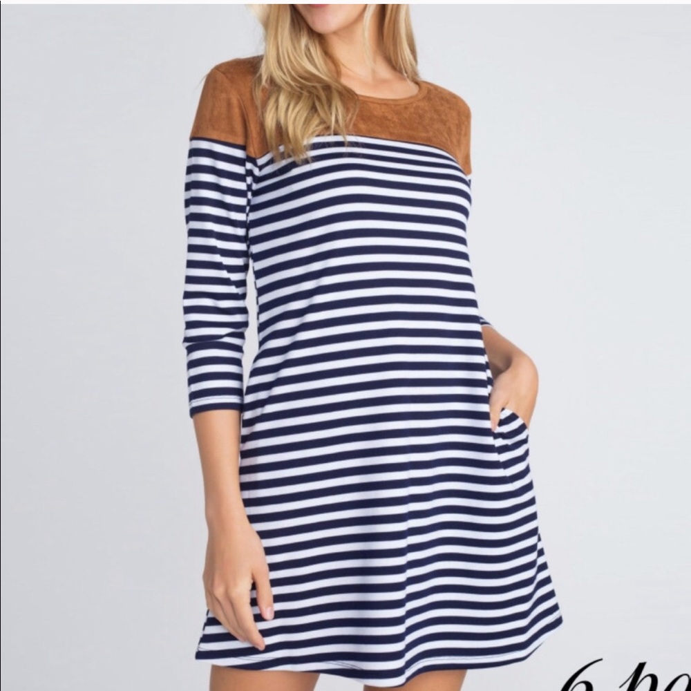 NWT Suede Shoulder Navy Striped Dress Size S